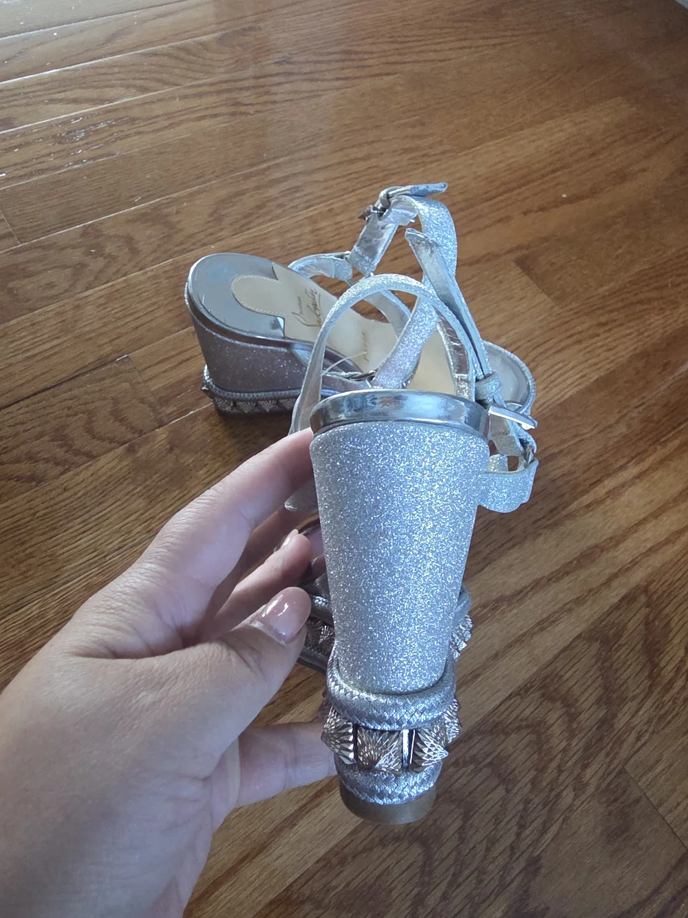 Christian Louboutin Silver Metallic Studded Wedge Sandals